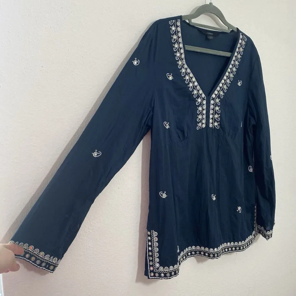 Express Womens Cotton Babydoll Bell Sleeve V Neck Sequin Top Size L Y2K Fairy - Picture 3 of 12